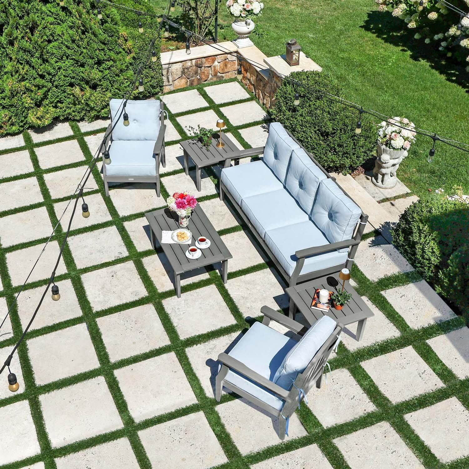 Blushing Bay 6 Pc Recycled Plastic Seating Set w/ Sofa in Bliss Dew/Coastal Teak by Lakeview Outdoor Designs - Top View - Lifestyle thumbnail