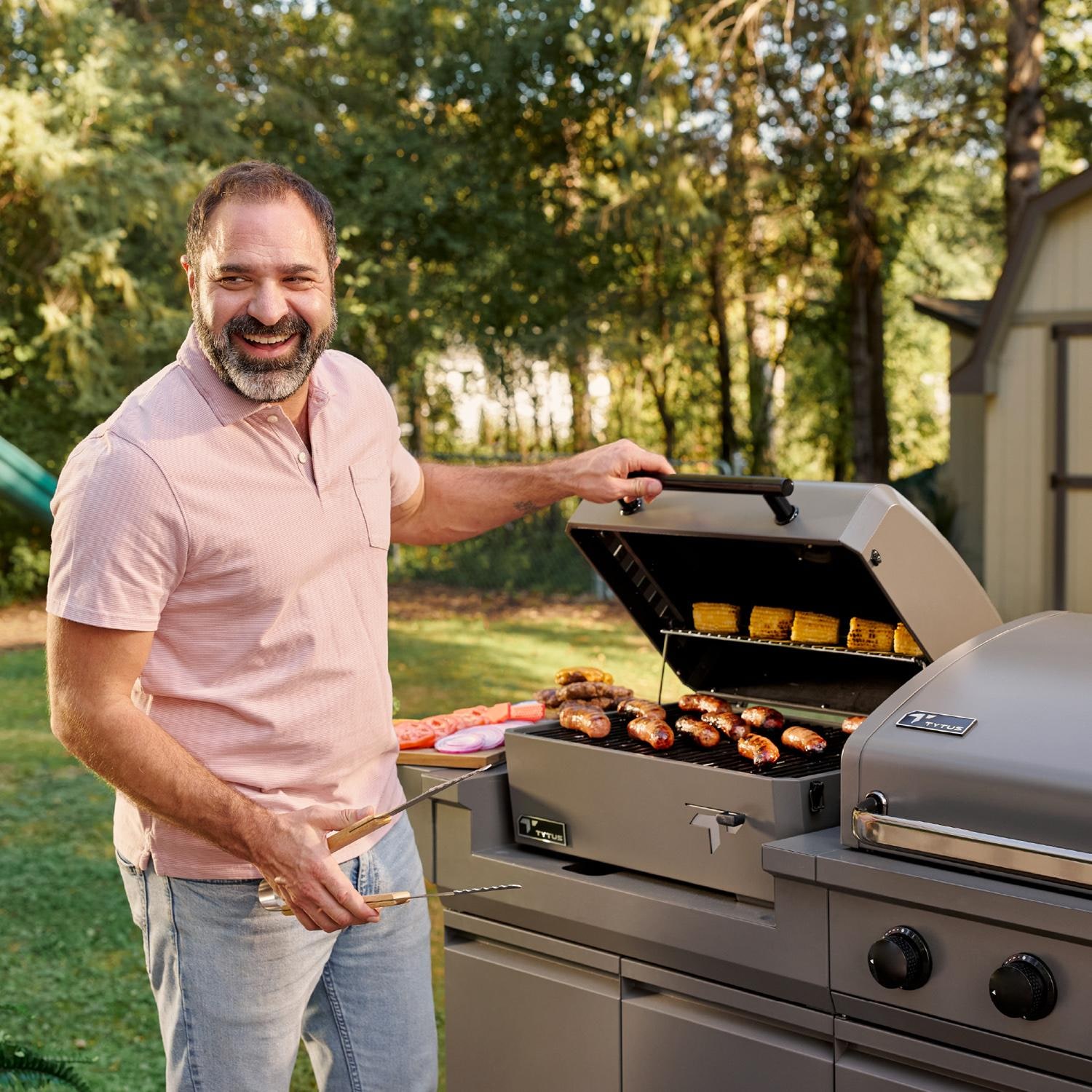 TYTUS TDT-BUN-014 Modular Duo w/ 4-Burner Gas Grill & Charcoal Grill - Cooking on Patio - Lifestyle thumbnail