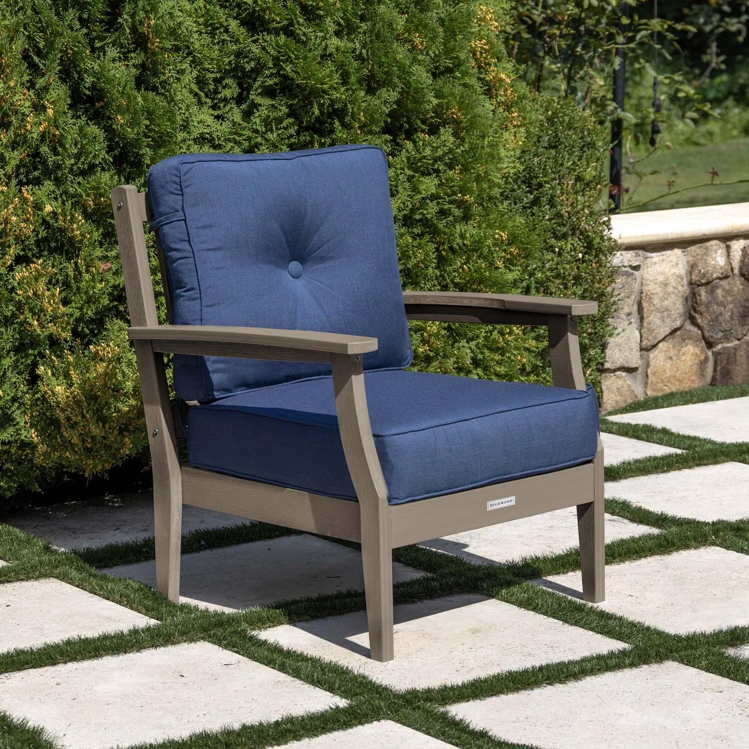 Blushing Bay Recycled Plastic Club Chair in Spectrum Indigo/Woodland Brown by Lakeview Outdoor Designs - On Patio - Lifestyle thumbnail