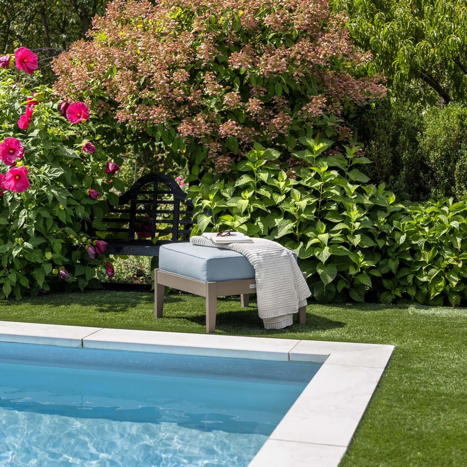 Blushing Bay Recycled Plastic Ottoman in Bliss Dew/Woodland Brown by Lakeview Outdoor Designs - By Pool - Lifestyle thumbnail