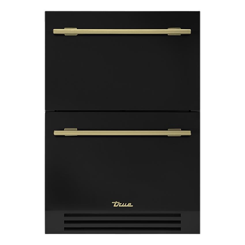 True TURADA-24-D-A~027-H01 ADA Height 24 Inch 5 Cu. Ft. Outdoor Refrigerator Drawers in Matte Black w/ Brass Handles - White Background thumbnail