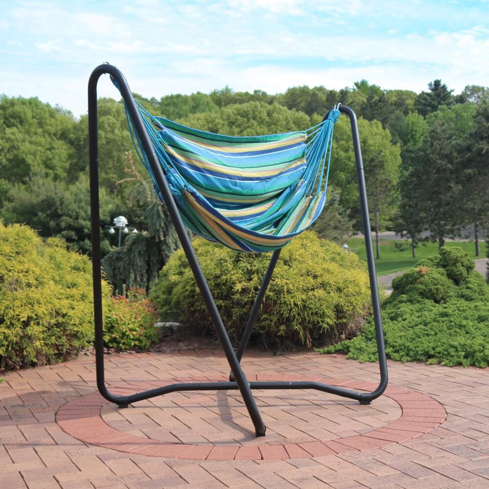 Ultimate Patio Hanging Hammock Chair Swing w/ 2-Point Space-Saving Stand - Ocean Breeze - Outside thumbnail