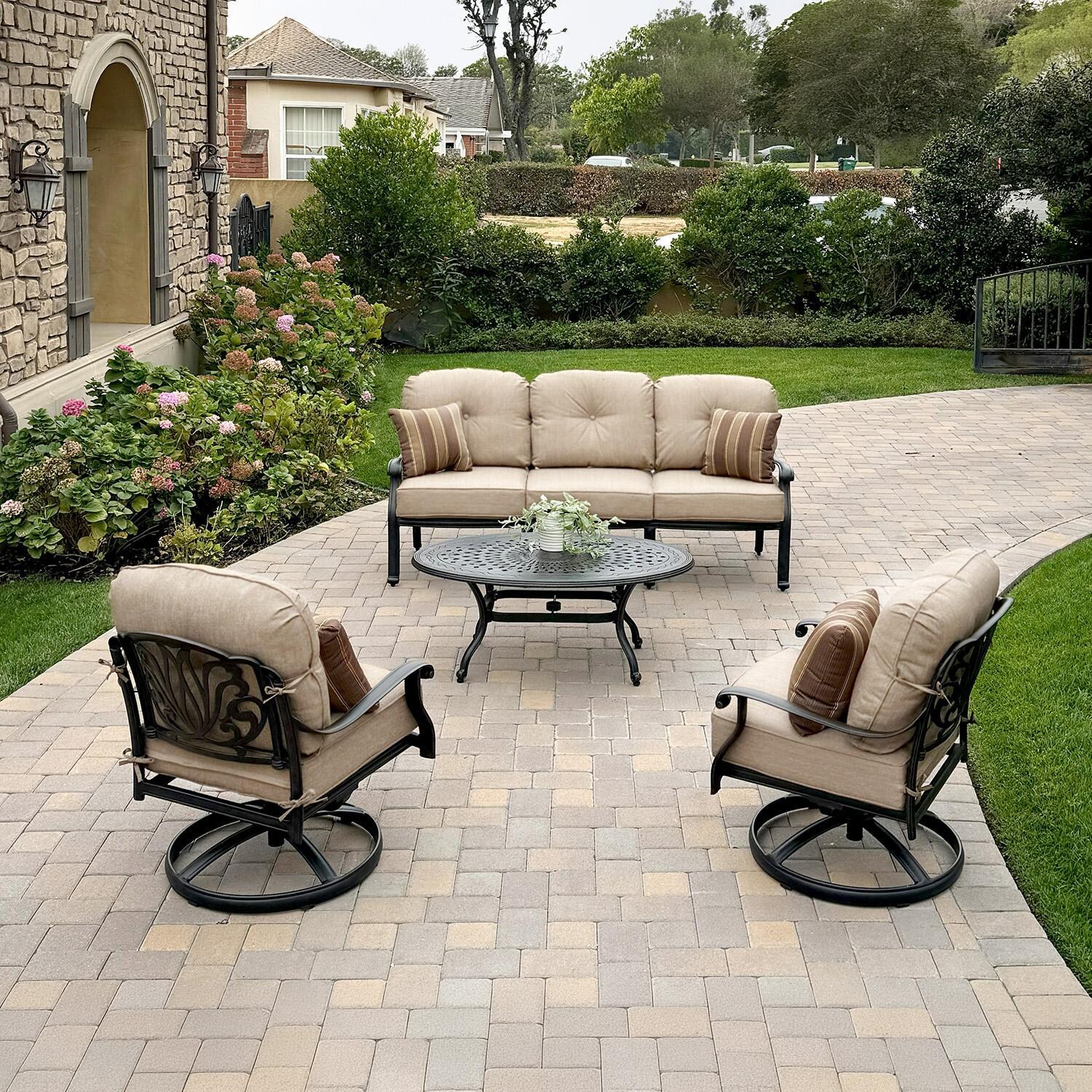 Elisabeth 4 Pc Cast Aluminum Seating Set w/ 46 X 31 Inch Oval Table & Throw Pillows in Antique Bronze/Beige Canvas by Darlee
