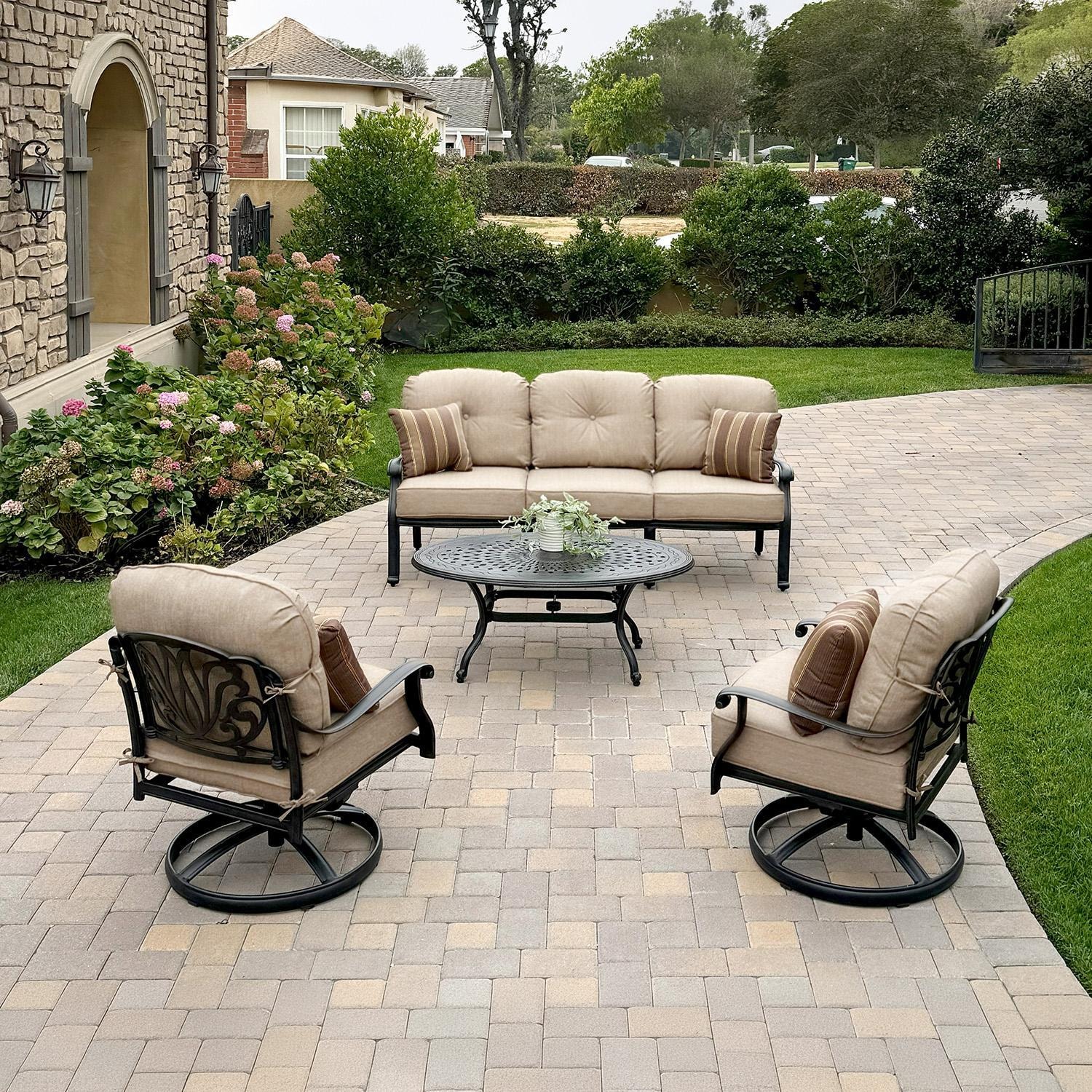 Darlee Elisabeth 4 Pc Cast Aluminum Seating Set w/ 46 X 31 Inch Oval Table & Throw Pillows in Antique Bronze/Beige Canvas - Set - Lifestyle thumbnail