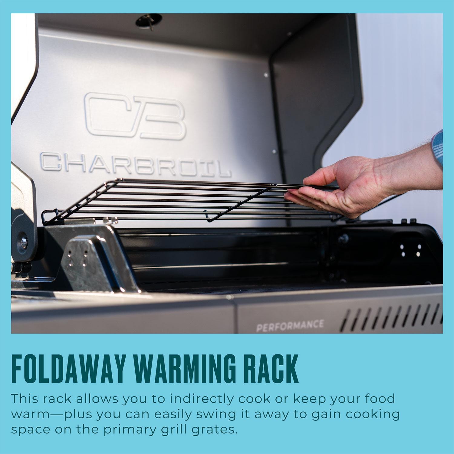 Charbroil 463348625 Performance Series 4-Burner Propane Grill Cabinet W/ Side Burner - Grey - Foldaway Warming Rack Features - Detail thumbnail