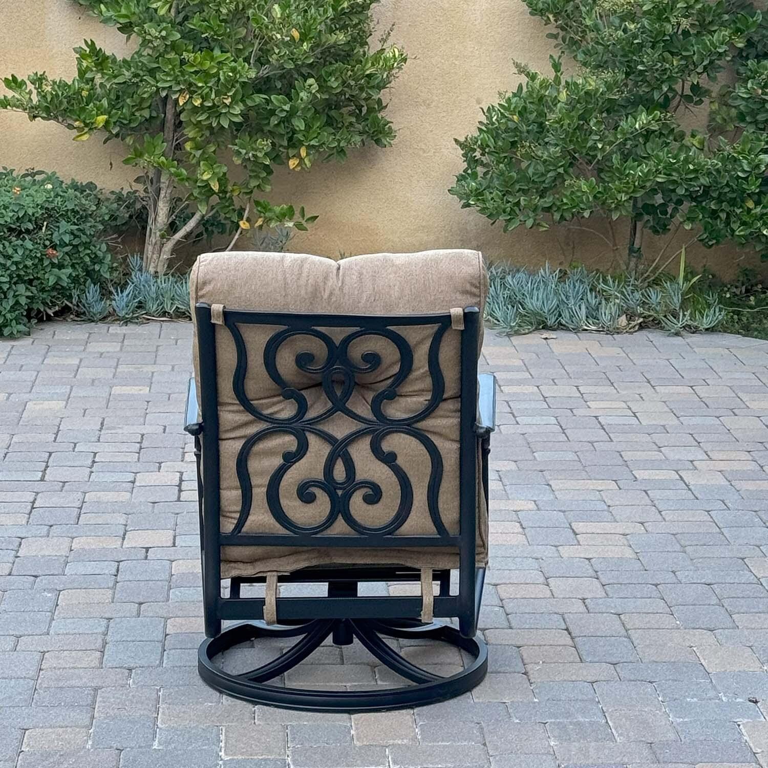 Santa Anita 5 Pc Cast Aluminum Seating Set Fire Pit in Antique Bronze/Heather Beige by Darlee - Swivel Rocker Back View - Lifestyle thumbnail