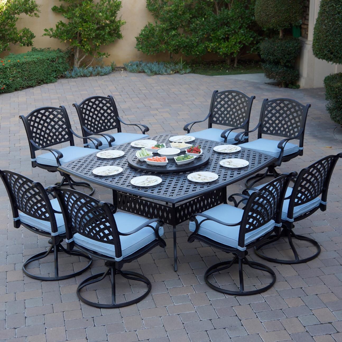 Nassau 10 Pc Cast Aluminum Dining Set in Antique Bronze w/ Blue Cushions By Darlee