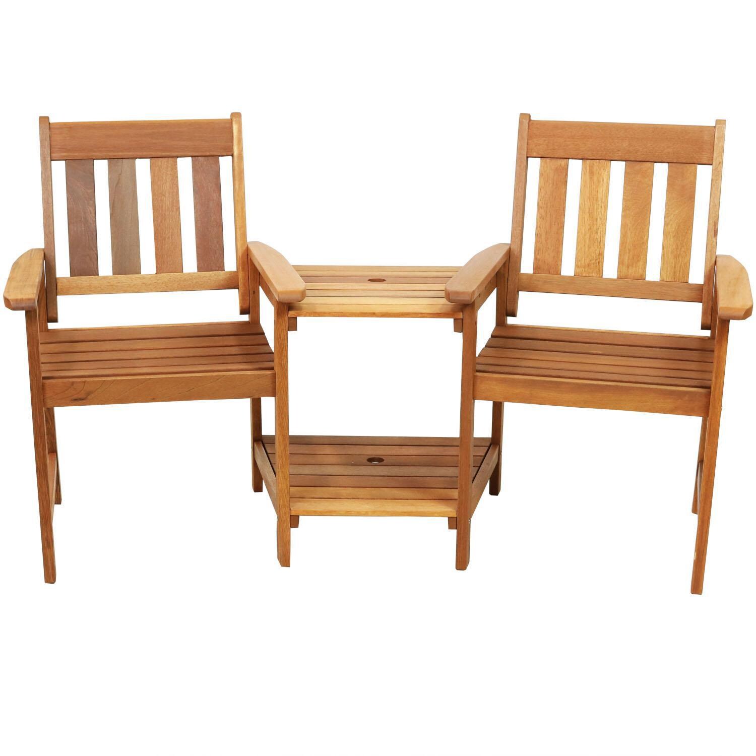 Ultimate Patio 65-Inch Meranti Wood Jack-and-Jill Chairs W/ Attached Table - Front View thumbnail