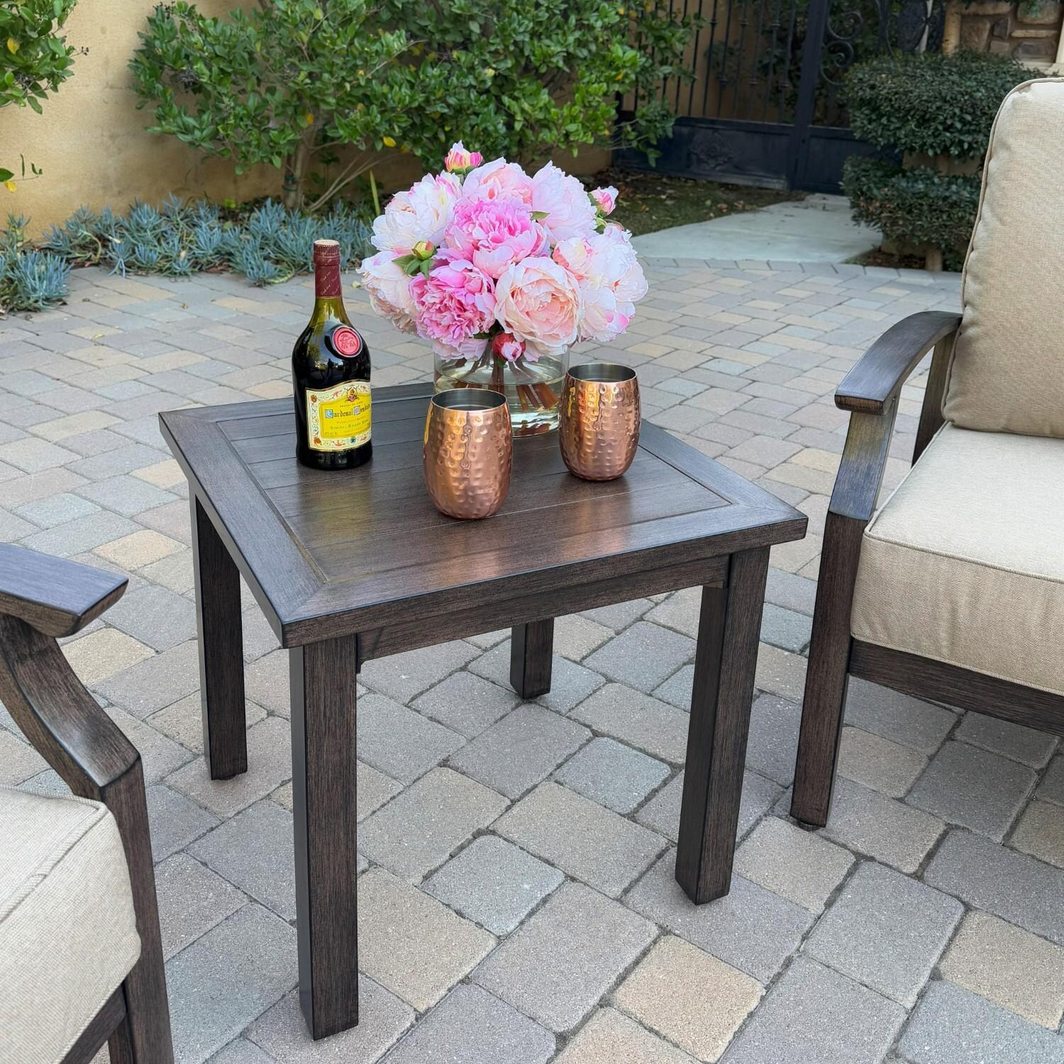 Atlantis 3 Pc Aluminum Seating Set w/ 2 Club Chairs in Walnut/Beige by Darlee - Table Close-up - Lifestyle thumbnail