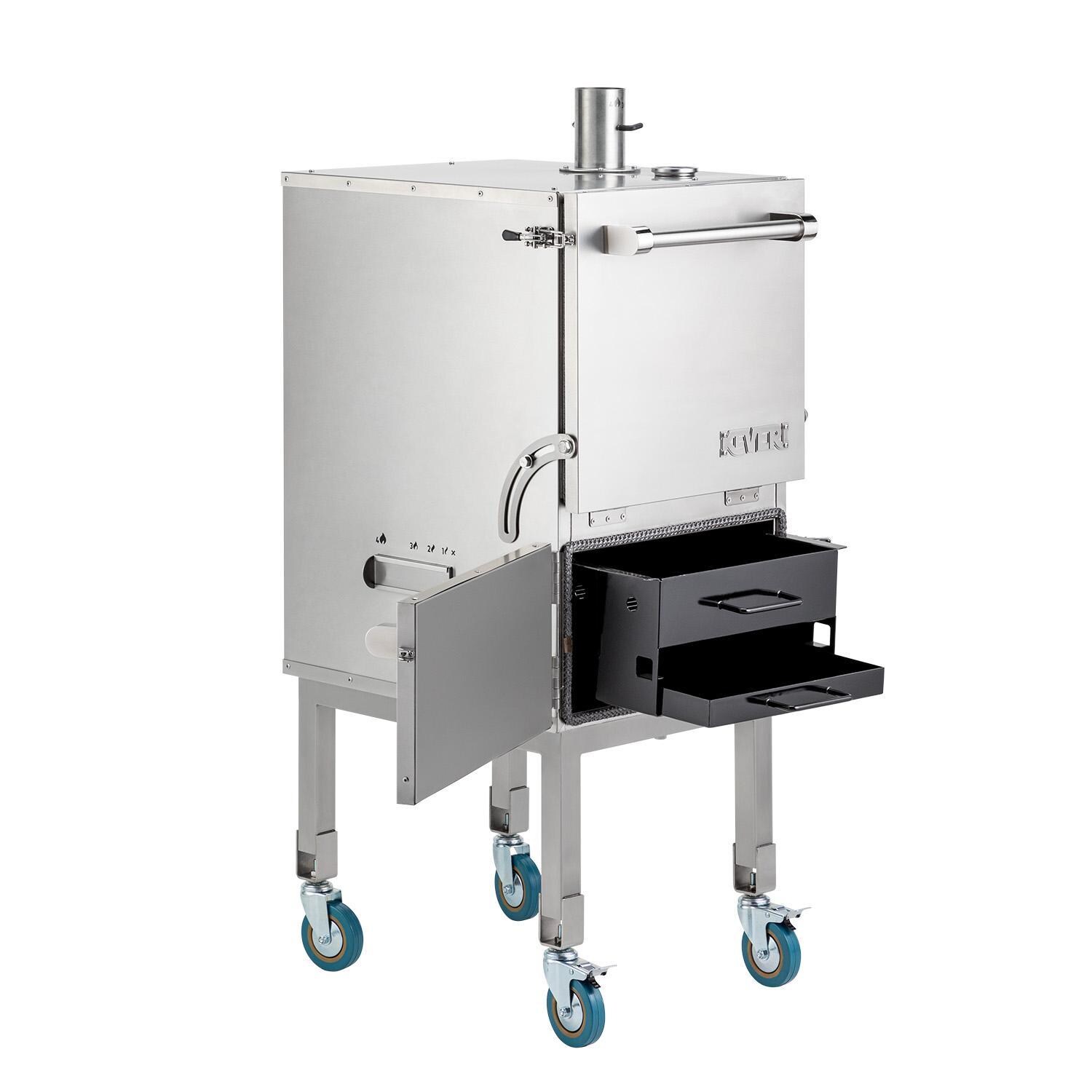 Keveri H1SS H1 Inox Vertical Muti-Purpose Charcoal Oven - Stainless Steel - Firebox Open - White Background thumbnail