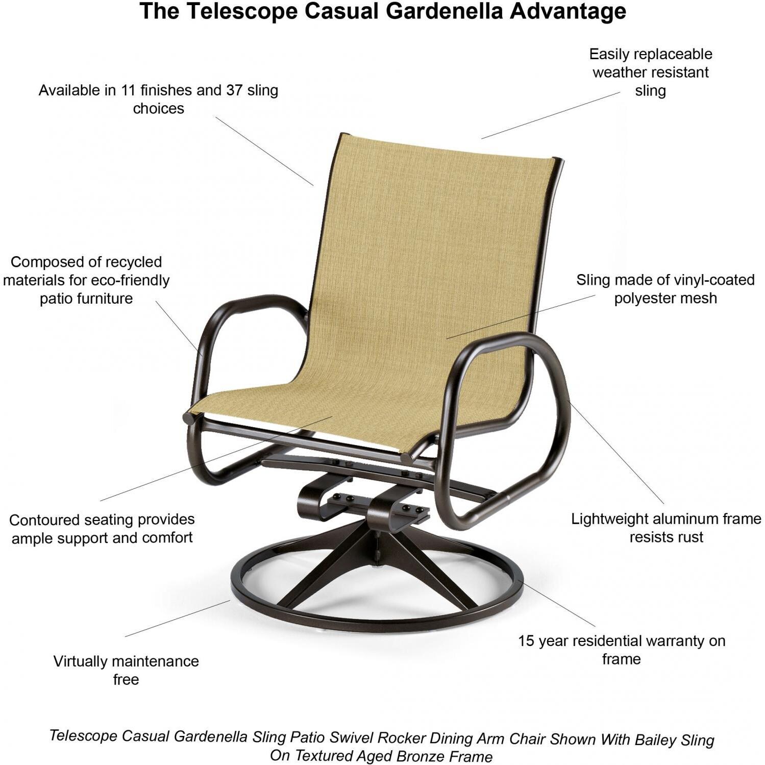 Gardenella Aluminum Patio Swivel Rocker Dining Arm Chair With Sling Seating By Telescope Casual Bbqguys