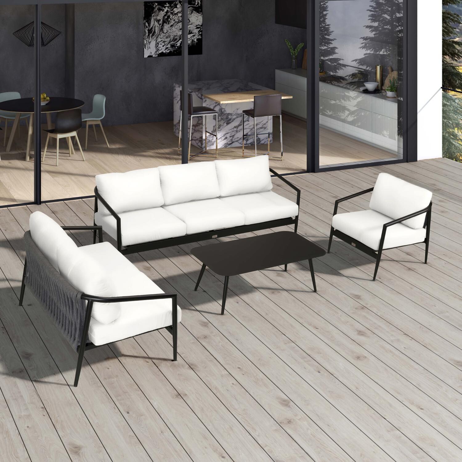 Lakeview Midnight Cove 4 Pc Aluminum Sofa Loveseat Seating Set in Black/Carbon/Canvas Natural - Top - Lifestyle thumbnail