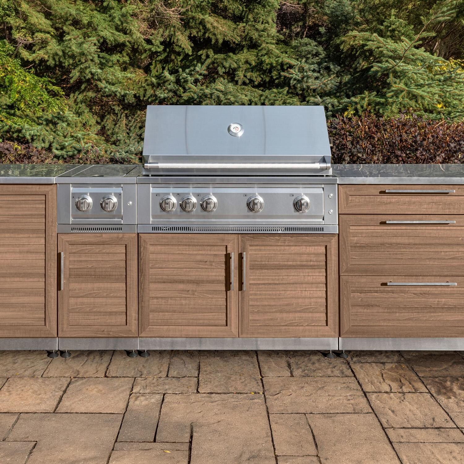 NewAge Products 71090 Classic Series 8 Ft Outdoor Kitchen Island w/ 33-in Propane Grill, Sink, Trash Bin, Door & Drawer in Grove/Stainless Steel - On Patio Up Close - Lifestyle thumbnail