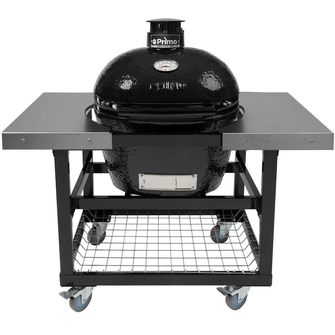 Primo PGCLGH Oval Large 300 Ceramic Kamado Grill On Steel Cart With Stainless Side Tables And Stainless Steel Grates thumbnail
