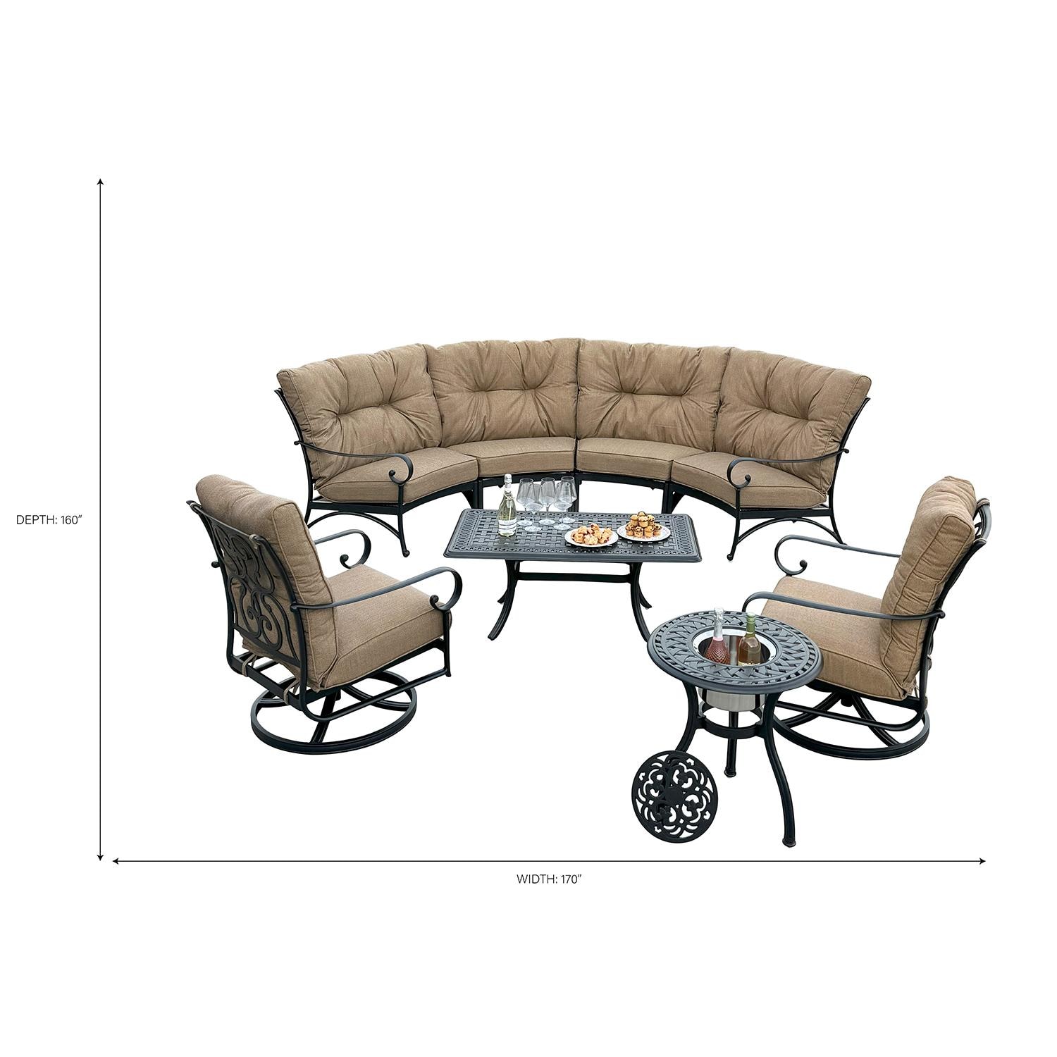 Santa Anita 8 Pc Cast Aluminum Seating Set w/ Swivel Rockers in Antique Bronze/Sesame by Darlee - Full Set - Dimensional thumbnail