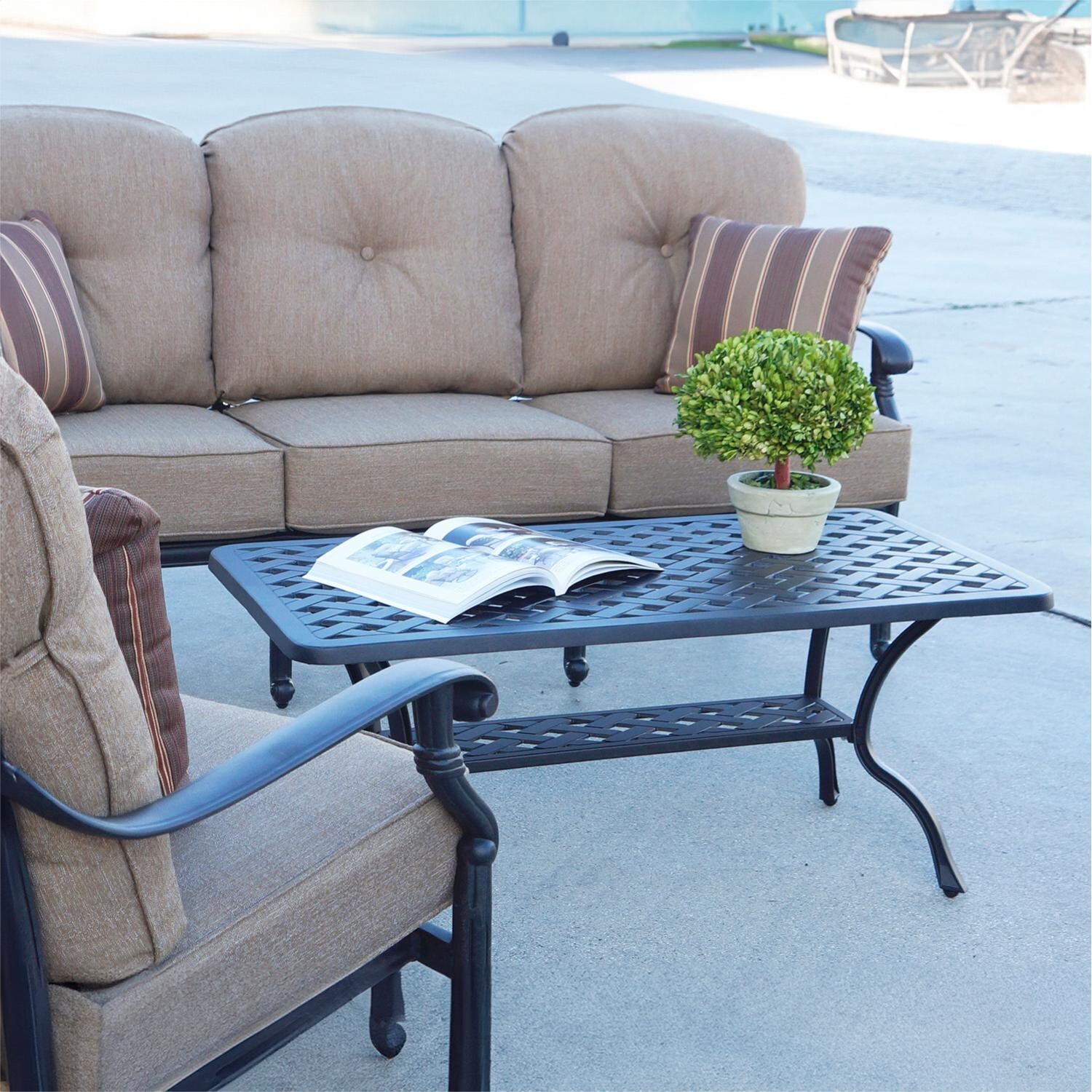 Darlee Santa Monica 4-Piece Patio Sofa Conversation Set (with 2 Swivel Rocker Club Chairs) with Cushions and Series 30 21 X 42 Inch Rectangular Coffee Table - Coffee Table - Lifestyle thumbnail