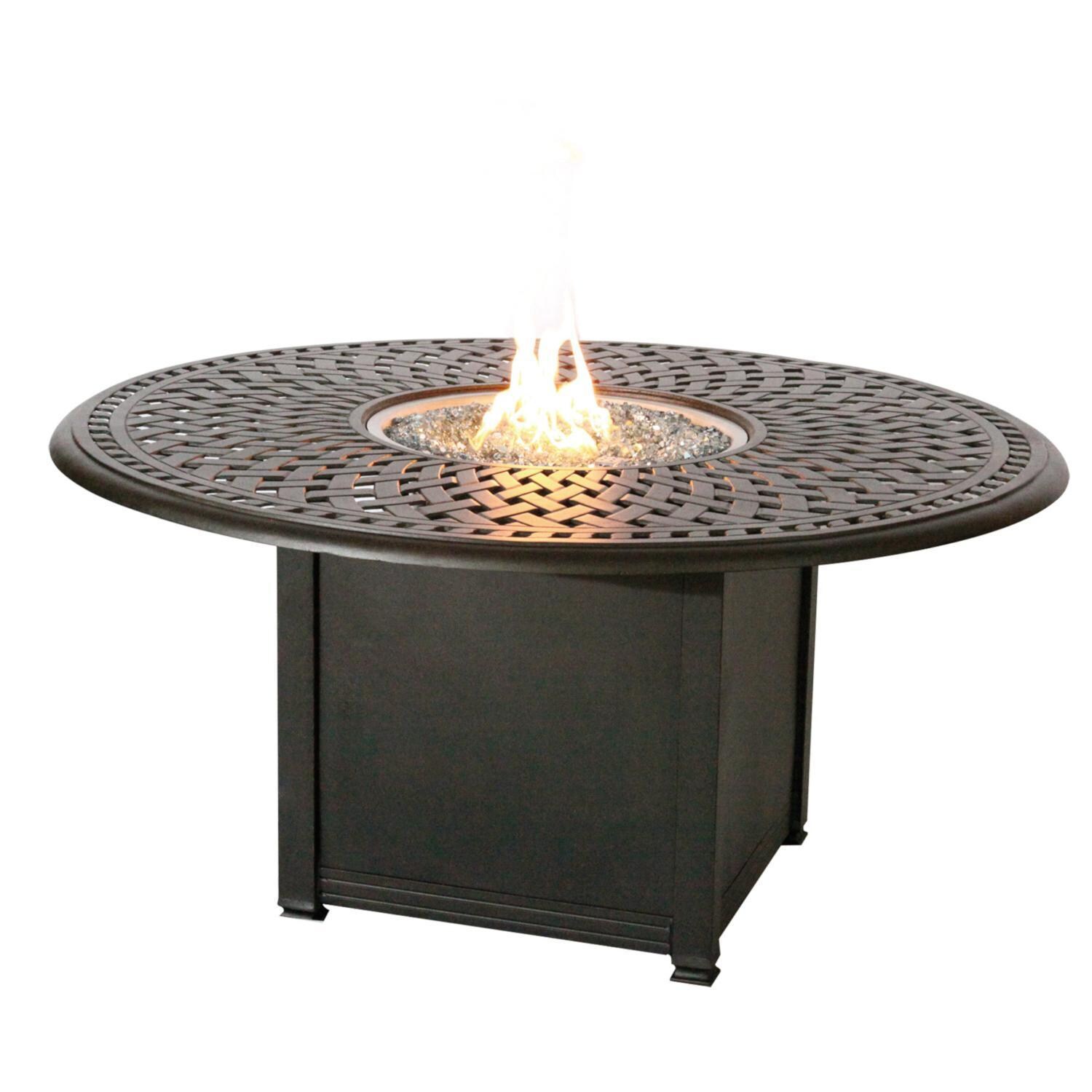 Santa Anita 7 Pc Cast Aluminum Patio Fire Pit Conversation Set w/ Sesame Sunbrella Cushions by Darlee - Fire Pit Table - White Background thumbnail