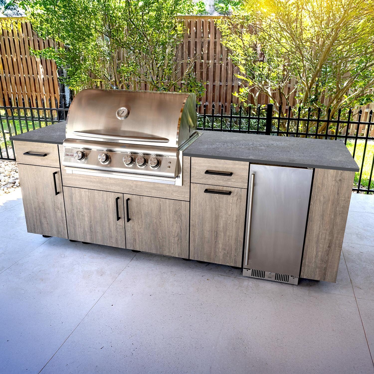 BBQGuys Signature Oasis 8 Ft Outdoor Kitchen Island w/ Blaze Propane Grill & Refrigerator in Riverside Oak/Lunar Grey - Island - Lifestyle thumbnail