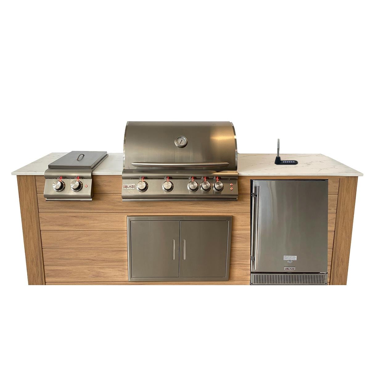 Pro-Fit 8-Foot Outdoor Kitchen Island W/ BLZ-4LTE2-LP Blaze Premium LTE 32-Inch Propane Gas Grill, Double Side Burner, Refrigerator & Beverage Dispenser - Golden Cypress / Bianco Giulia A Satin thumbnail