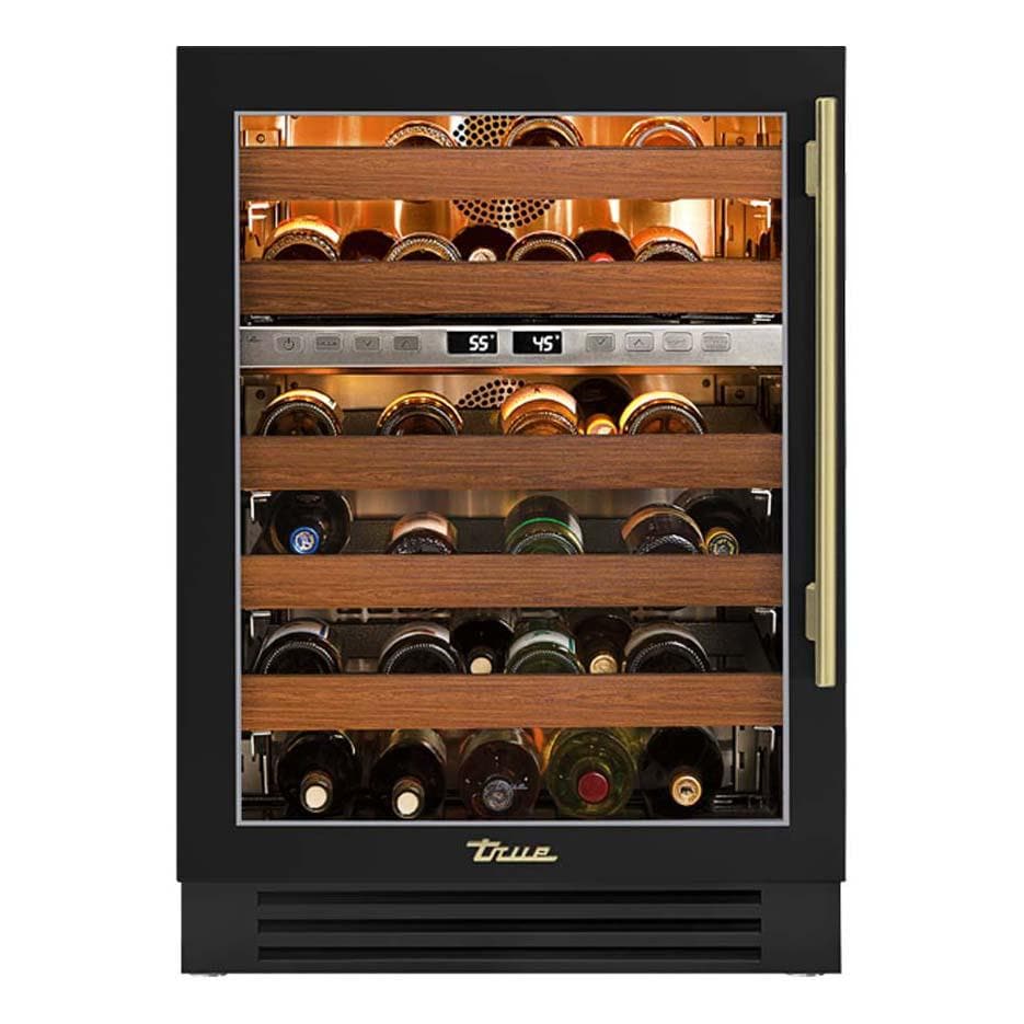 True 24 Inch 45 Bottle Left Hinge Glass Door Outdoor Dual Zone Outdoor Wine Cabinet - Matte Black w/ Brass Handle - TWC-24DZ-L-OG-C~DSK-027-H01