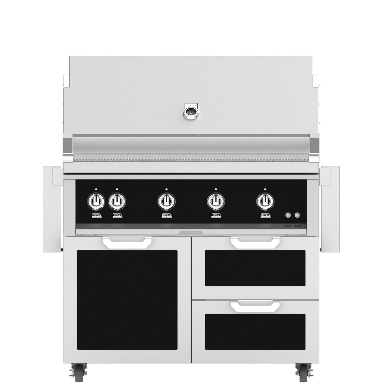 Hestan 42-Inch Natural Gas Grill W/ Rotisserie On Double Drawer & Door Tower Cart - Stealth - GABR42-NG-BK