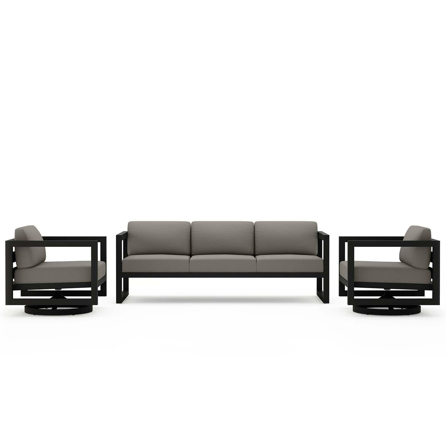 Misty Cove 3 Pc Aluminum Sofa Seating Set w/ Swivel Chairs in Black/Canvas Charcoal by Lakeview Outdoor Designs - White Background thumbnail