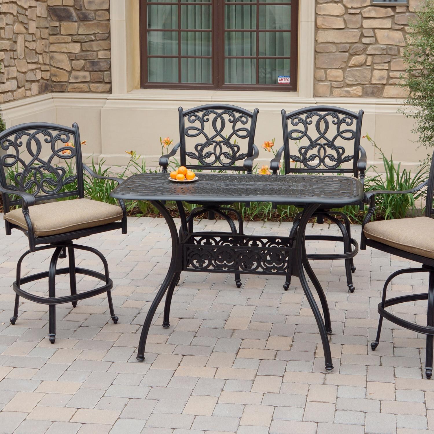 Santa Monica 5 Pc Cast Aluminum Counter Height Bar Set w/ 52 X 26 Inch Series 60 Table in Antique Bronze/Sesame by Darlee