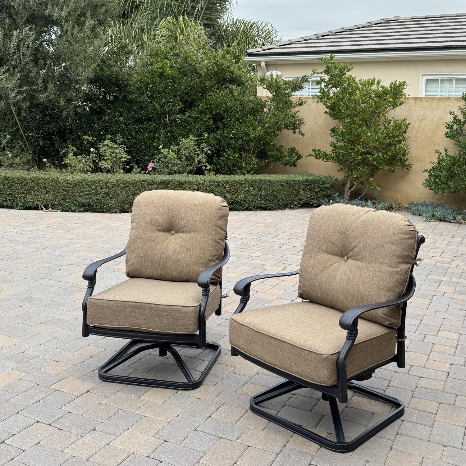 Darlee DL2056-3-2 Santa Monica 2 Piece Cast Aluminum Patio Swivel Rocker Club Chair Set W/ Sesame Cushions - Lifestyle thumbnail