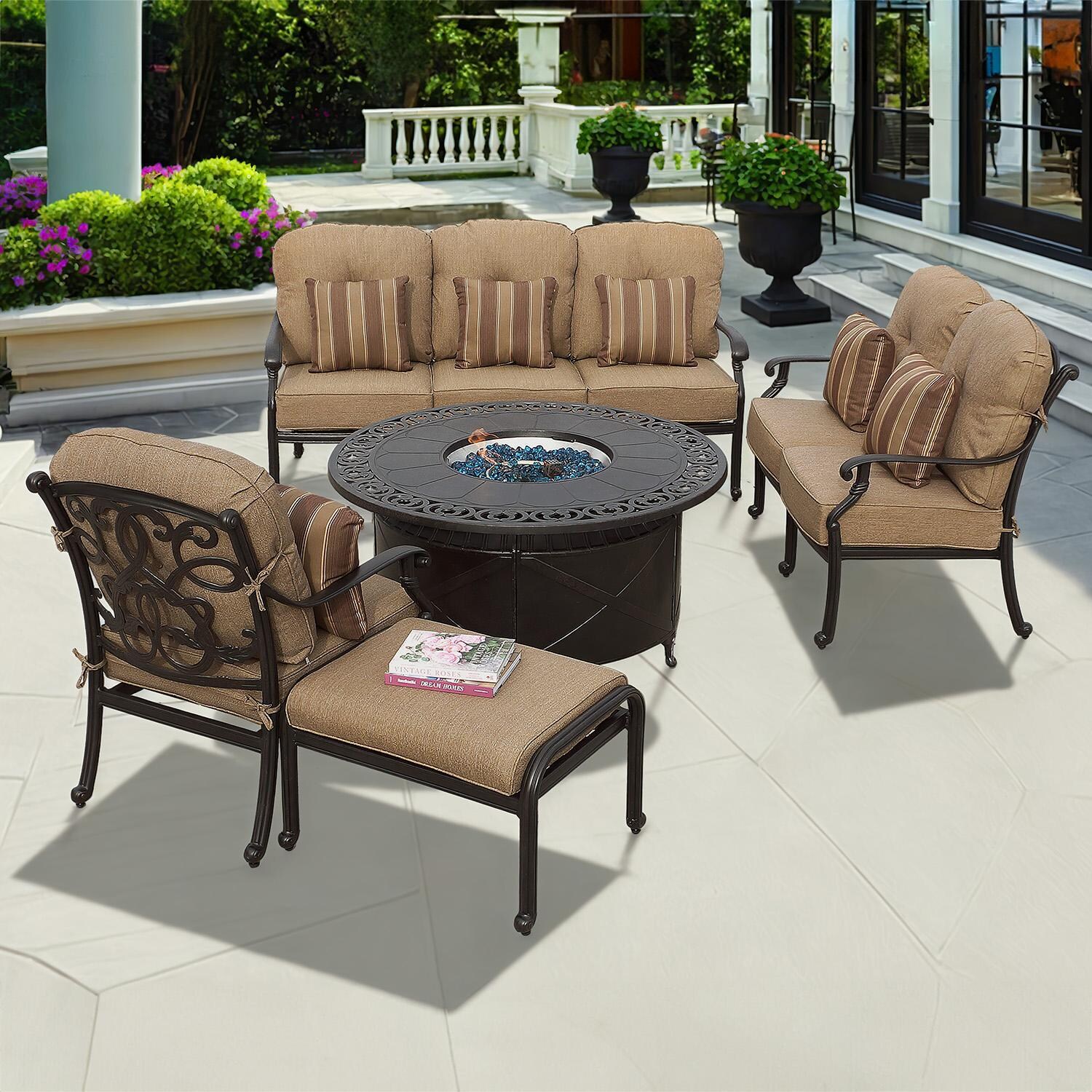 Darlee Santa Monica 5-Piece Patio Propane Fire Pit Deep Seating Set with Cushions and 52 Inch Round Fire Pit Chat Table and Fireglass - Set - Lifestyle thumbnail