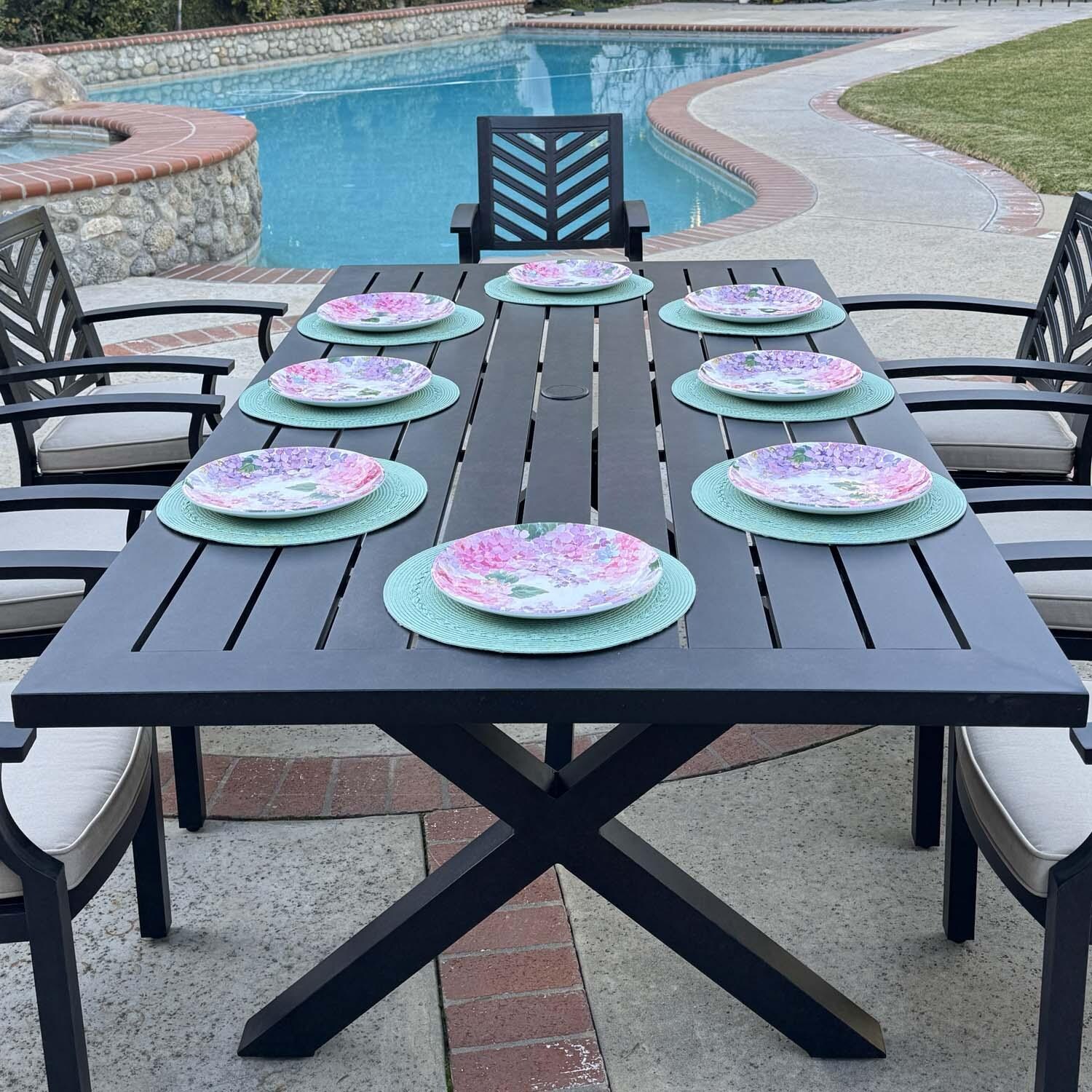 Palm Springs 9 Pc Aluminum Dining Set w/ 88" x 44" Rectangular Dining Table in Antique Bronze/Beige by Darlee - Front View - Lifestyle thumbnail