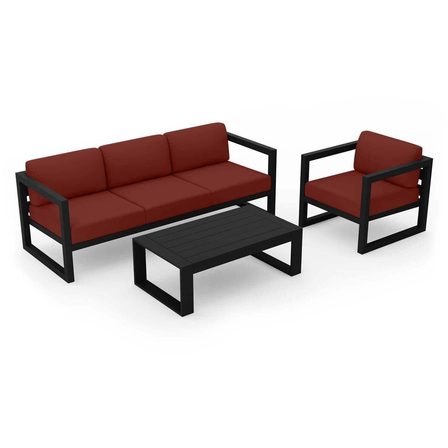 Lakeview MSTYCV-BK-3SS-HN Misty Cove 3 Pc Aluminum Seating Set in Black w/Portal Coffee Table & Canvas Henna Cushions by Lakeview Outdoor Designs - Set Angled View - White Background thumbnail