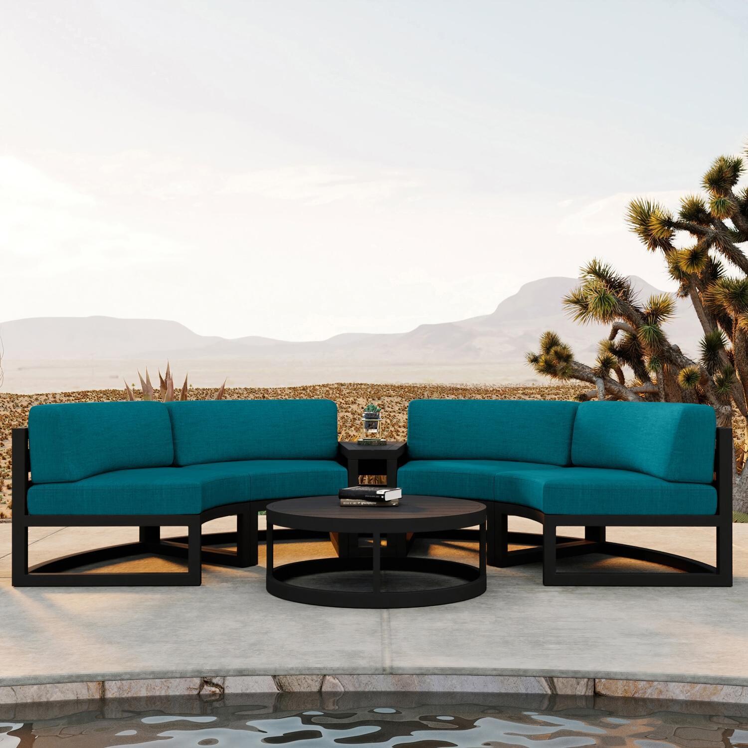 Lakeview MSTYCV-BK-4CSEC-PC Misty Cove 4 Pc Aluminum Curve Sectional Set in Black w/Coffee Table & Spectrum Peacock Cushions by Lakeview Outdoor Designs - By the Pool - Lifestyle thumbnail