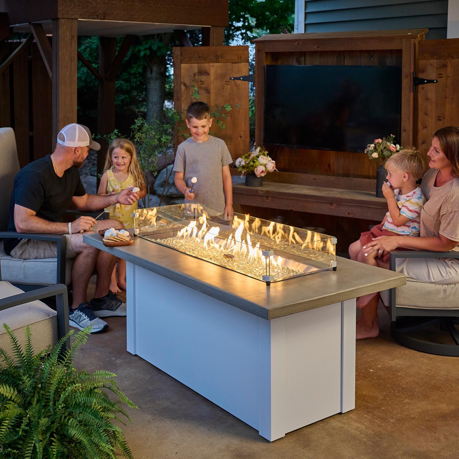 Havenwood 44 Inch Natural Gas Fire Pit Table W/ Pebble Grey Top & White Base - Lifestyle thumbnail