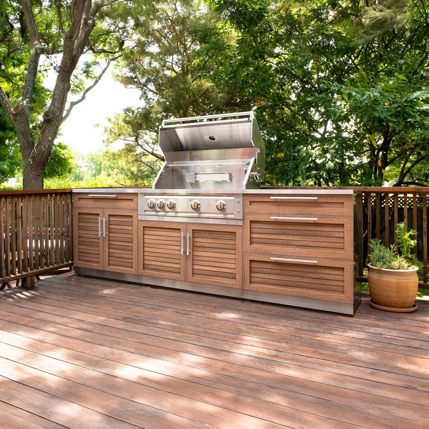 NewAge Products 71090 Classic Series 8 Ft Outdoor Kitchen Island w/ 33-in Propane Grill, Sink, Trash Bin, Door & Drawer in Grove/Stainless Steel - Grill Open on Patio - Lifestyle thumbnail