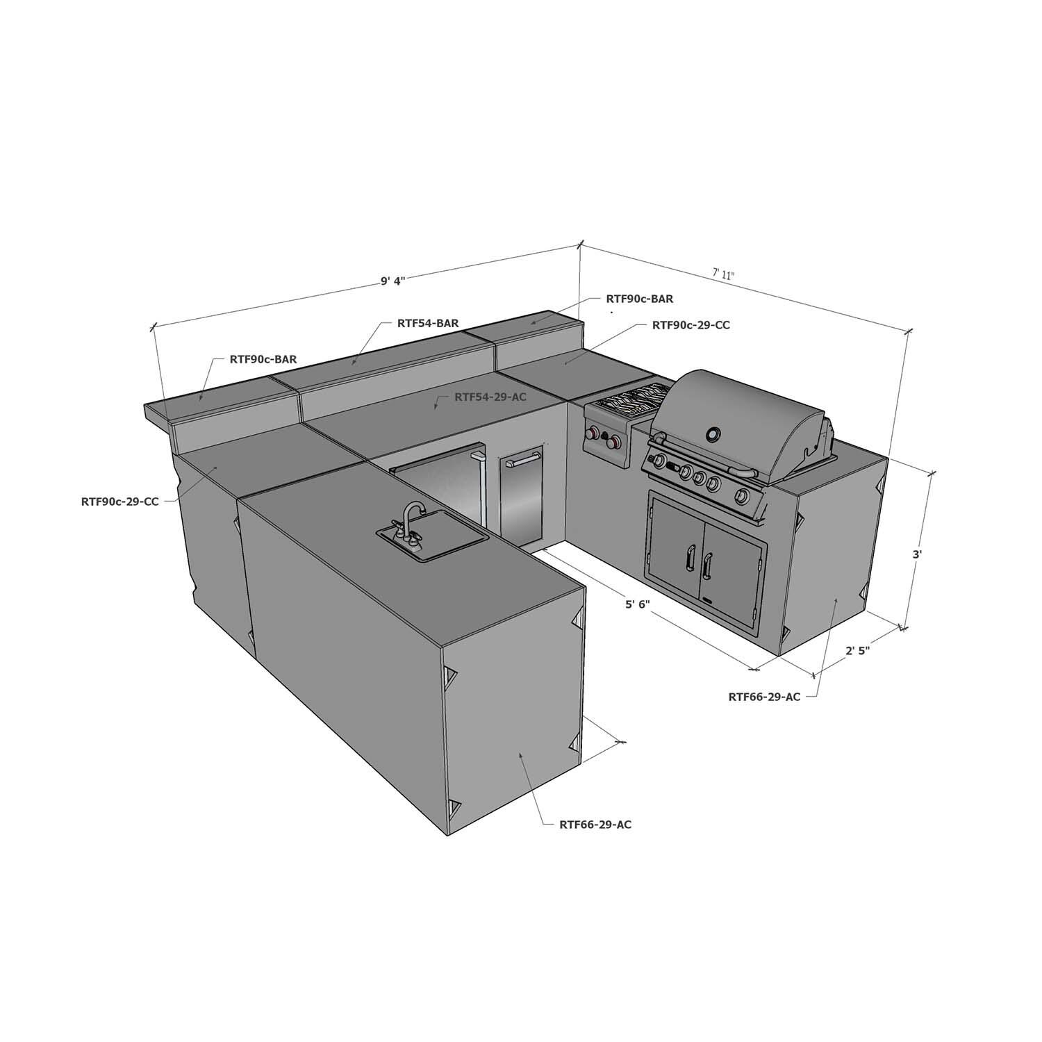 Universal 8 ft X 9.5 ft X 8 ft Ready To Finish U-Shaped Outdoor Kitchen System Appliance and Storage Cabinets W/Bars On 54 Inch & 90 Degree Corner Cabinets - W/Appliances - Dimensional thumbnail
