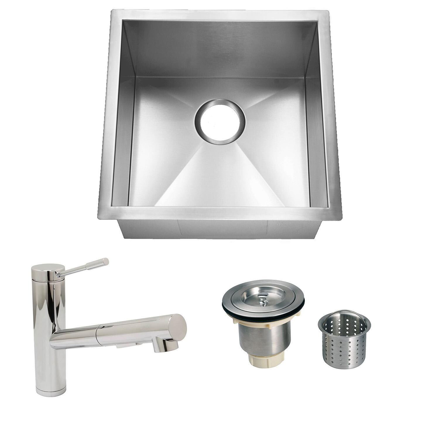 Huntington Brass HR-HBB1920B-N + LI-XD + HBK1623901-PF Homeplace Rusk 19 X 20 Stainless Steel Outdoor Sink with  Huntington Brass Euro Style Pull Out Faucet and Strainer Basket - Bundle - White Background thumbnail