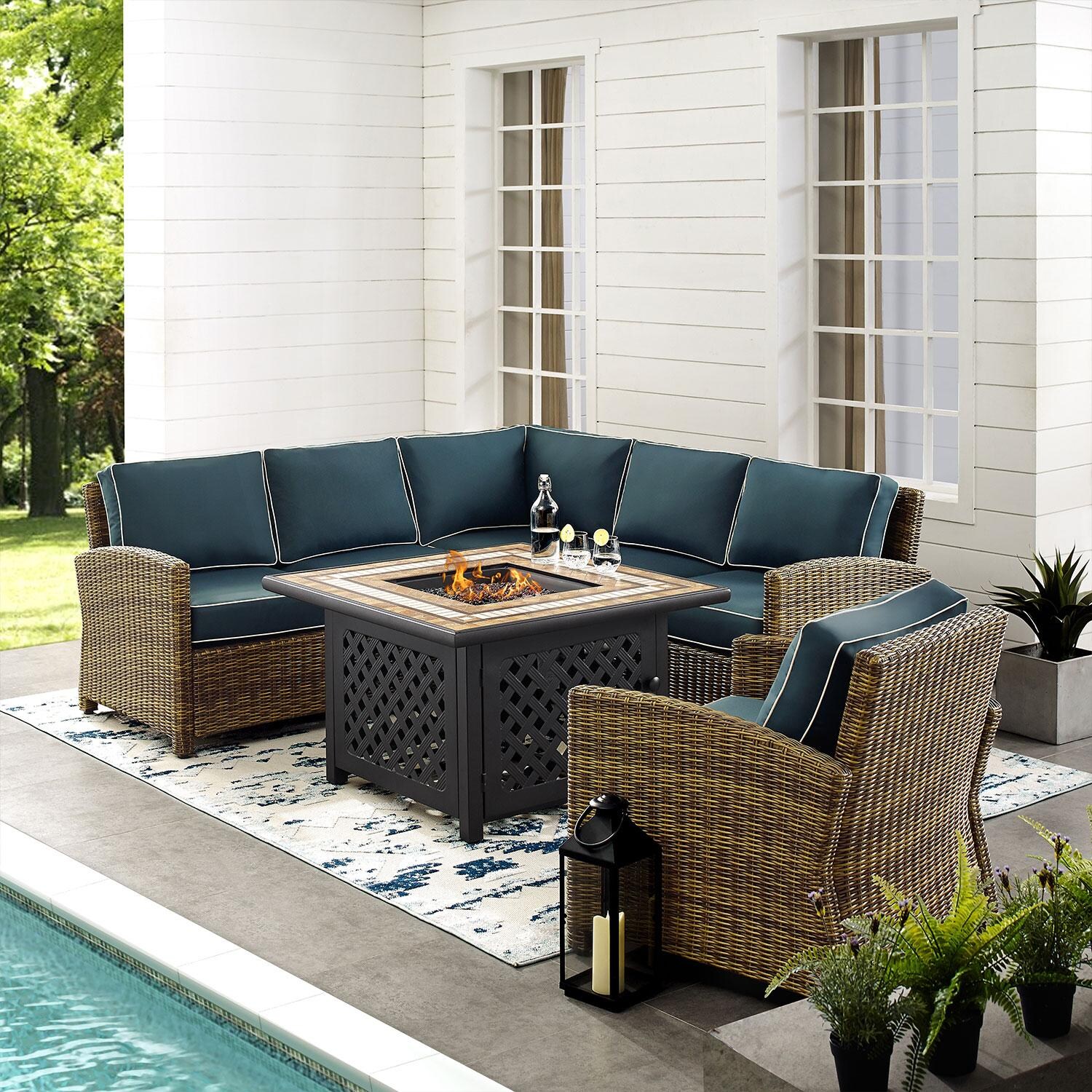 Ultimate Patio UP-92392-NV 5Pc Wicker Outdoor Sectional Set W/ Fire Table in Navy - By The Pool - Lifestyle thumbnail