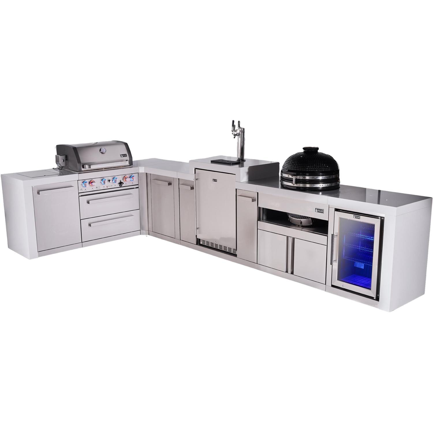 Mont Alpi Deluxe Series 13 Ft L-Shaped Natural Gas Outdoor Kitchen Island w/ 32-in Grill, Side Burner, Kegerator, Fridge, Kamado Module & Extra Door (Ships Propane w/ Conversion Kit)