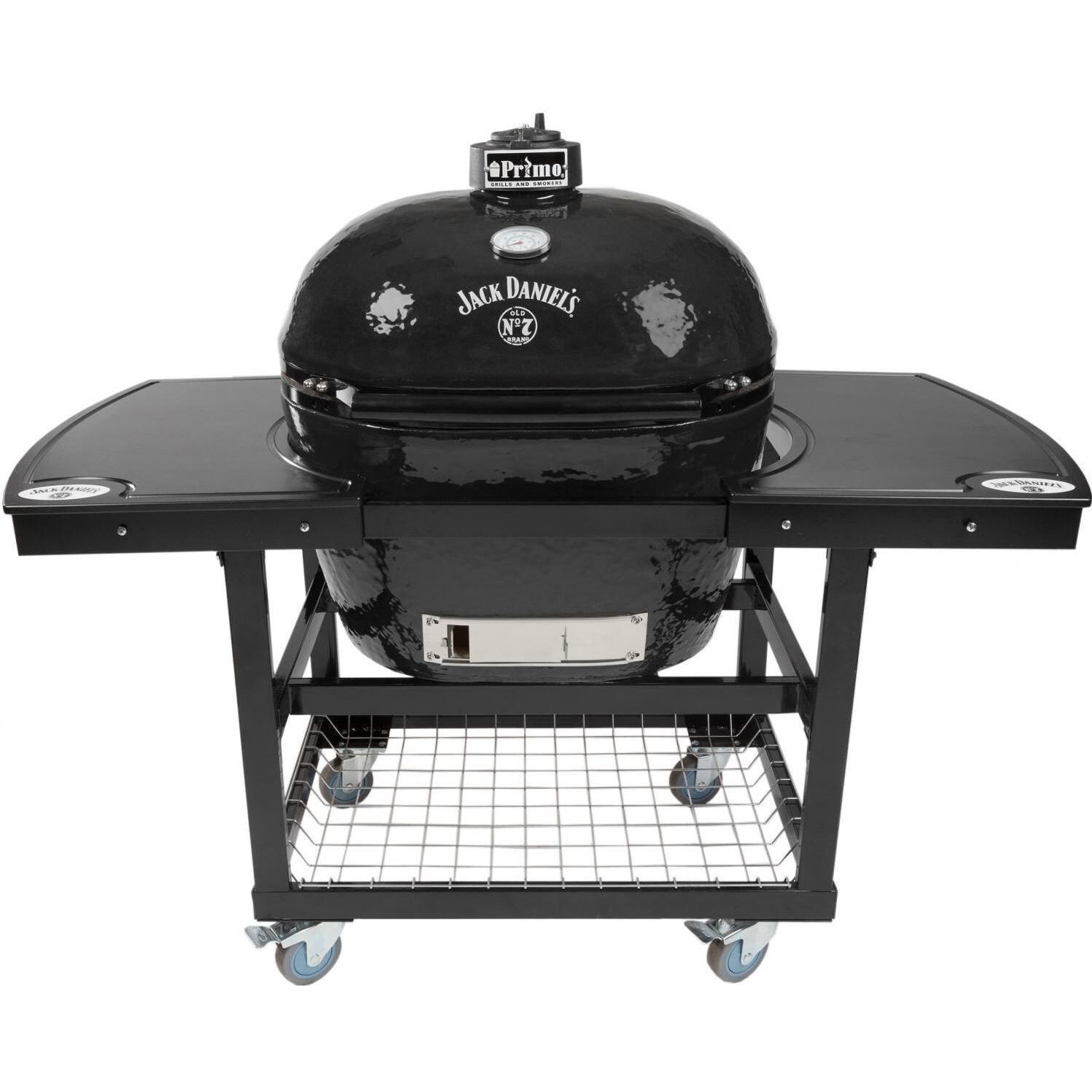 Primo Jack Daniels Edition Oval XL 400 Ceramic Kamado Grill On Steel Cart With 2-Piece Island Side Shelves And Stainless Steel Grates - 900