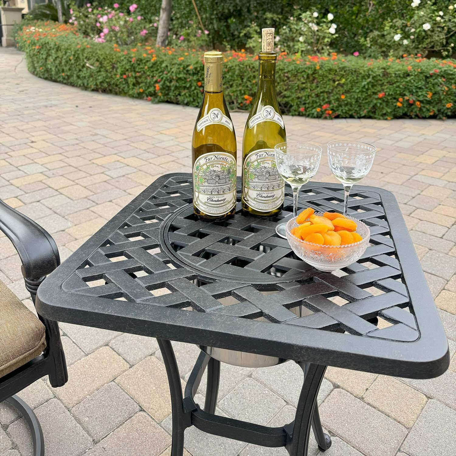 Santa Anita 3 Pc Cast Aluminum Bistro Set w/ Swivel Rockers in Antique Bronze/Sesame by Darlee - End Table - Lifestyle thumbnail