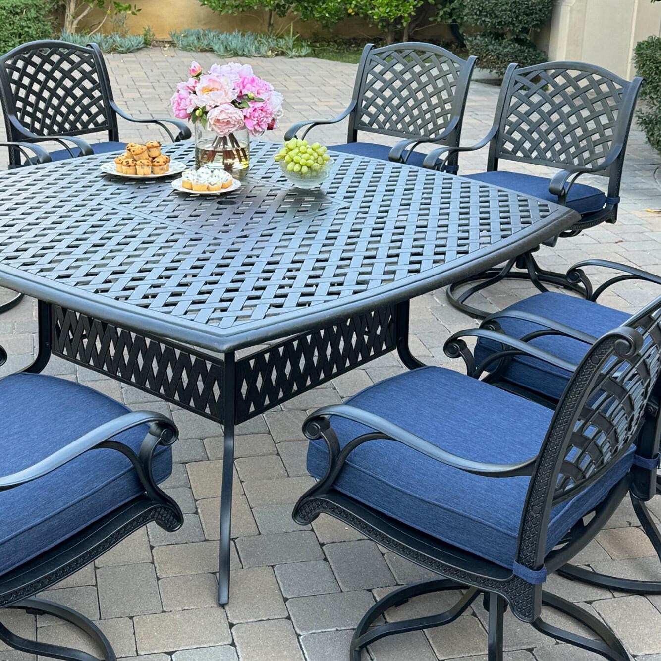 Darlee B/DL13-9PCAR-30W-N Nassau 9 Pc Cast Aluminum Dining Set in Antique Bronze w/ Navy Cushions - Table and Chairs - Lifestyle thumbnail