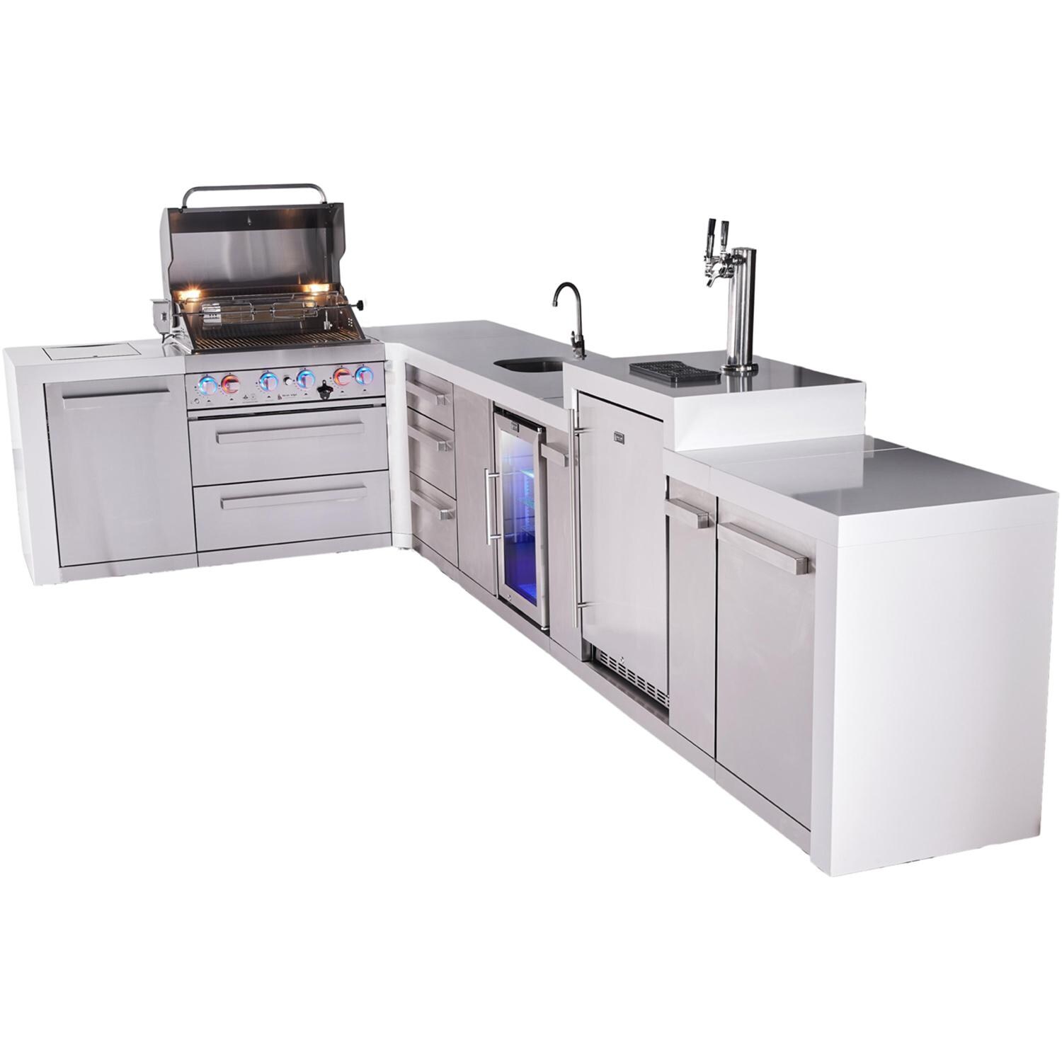 Mont Alpi Deluxe Series 13 1/2 Ft Propane Outdoor Kitchen Island w/ 32-in Grill, Side Burner, Beverage Center, Kegerator, Fridge & Triple Drawer - MAi400-D90KEGBEVFCDR - Grill Open - White Background thumbnail