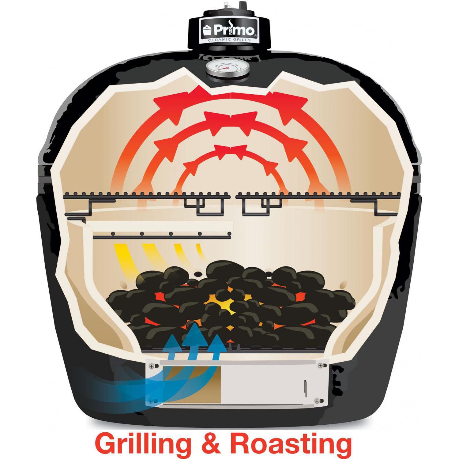 Primo Oval XL Ceramic Charcoal Smoker Grill On Teak Table - Grilling And Roasting With Heat Deflector thumbnail