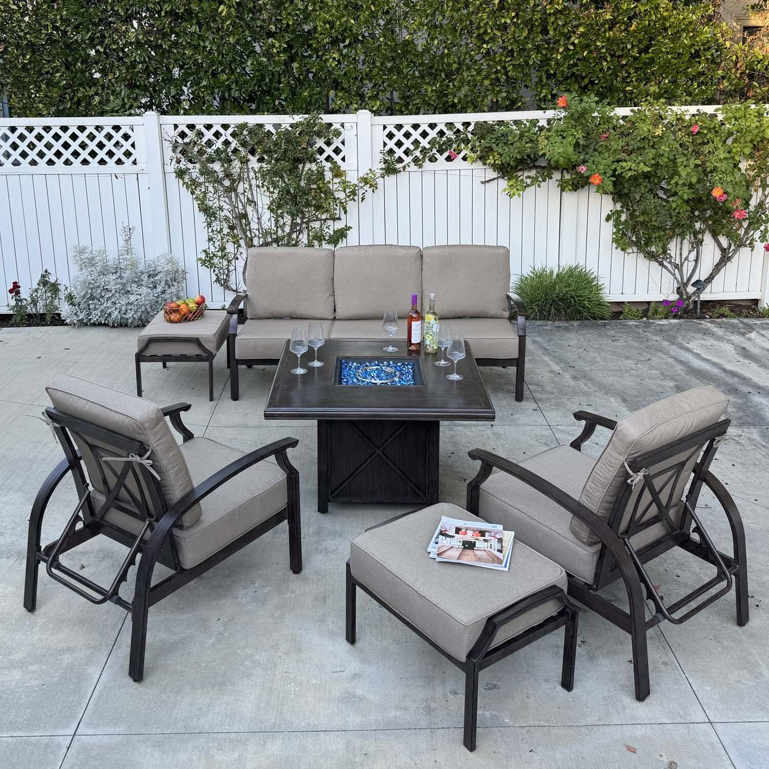 Atlantis 6 Pc Aluminum Seating Set w/ Square Fire Pit Chat Table in Walnut/Beige by Darlee - Lifestyle thumbnail