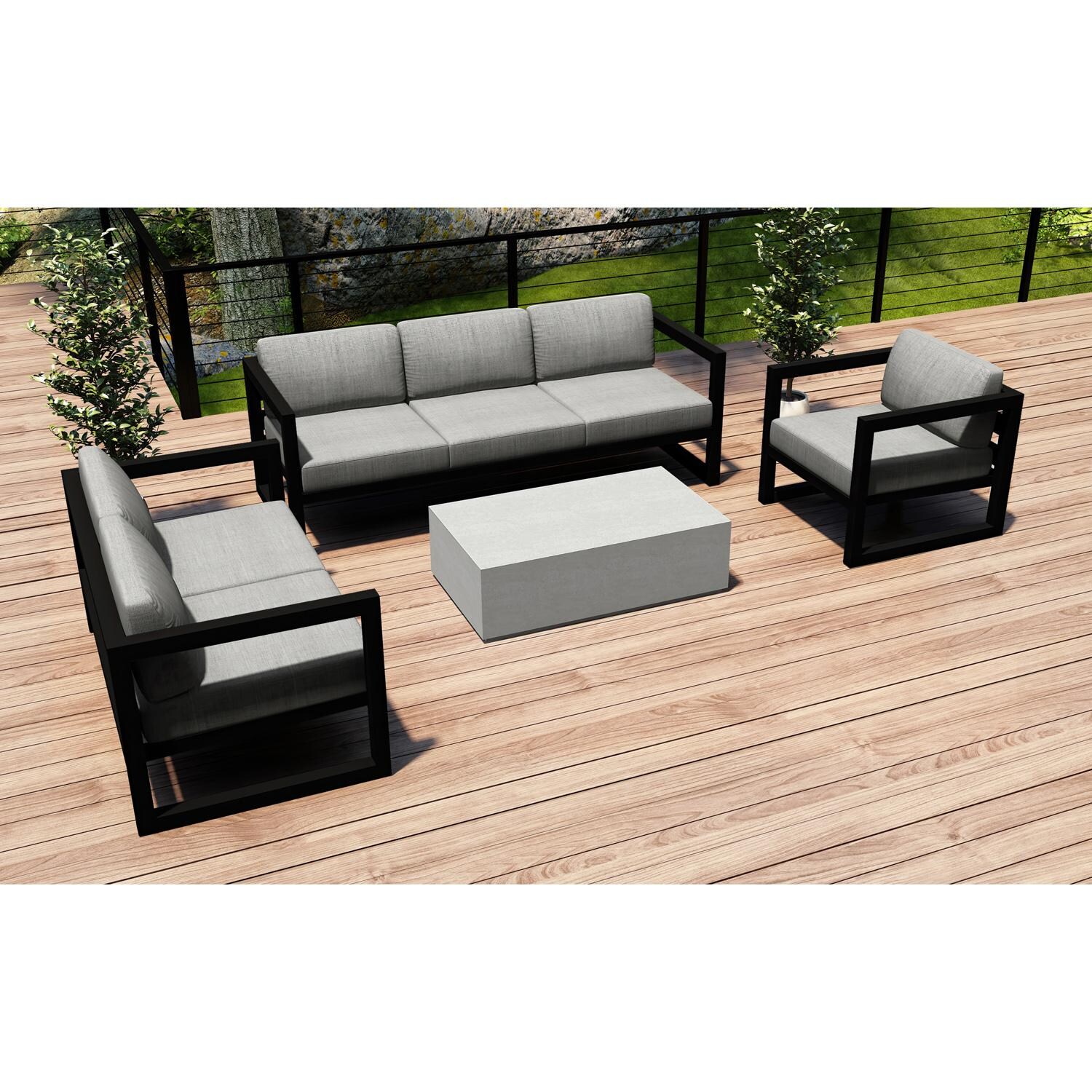 Lakeview MSTYMAS-BK-4SLSS-CS Misty Cove 4 Pc Aluminum Seating Set in Black w/Mason Coffee Table & Cast Silver Cushions by Lakeview Outdoor Designs - Set on Patio - Lifestyle thumbnail