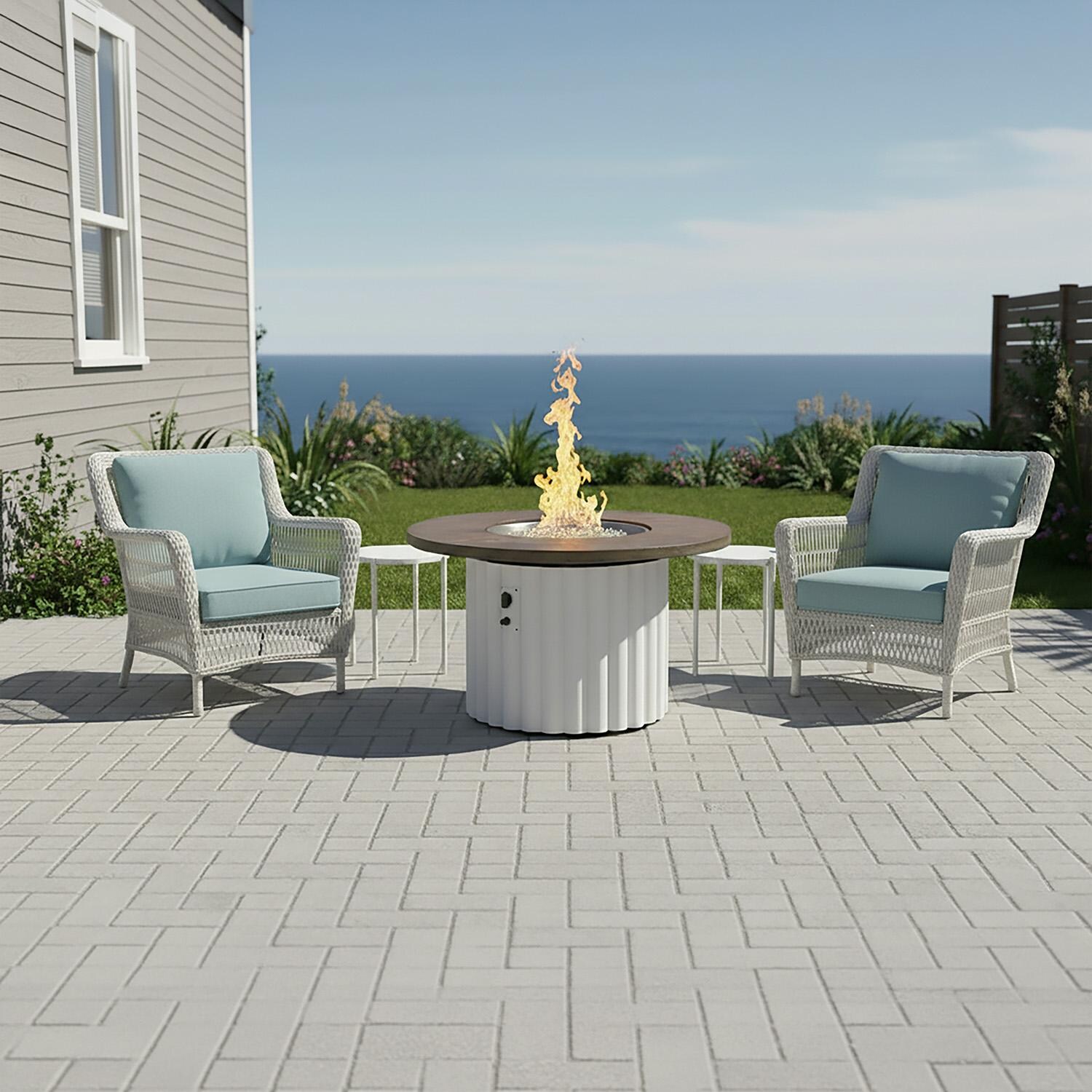 Reverie REVBWH-48-K 48-in Round Aluminum Gas Fire Pit Table w/ Fossil Brown Supercast Top & White Base - On Patio - Lifestyle thumbnail