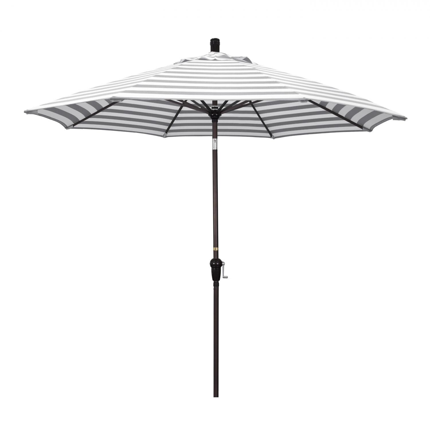 California Umbrella Sunset Series 9 Ft Octagonal Aluminum Auto Tilt Patio Umbrella W/ Crank Lift - Bronze Frame / Olefin Gray White Cabana Stripe Canopy thumbnail