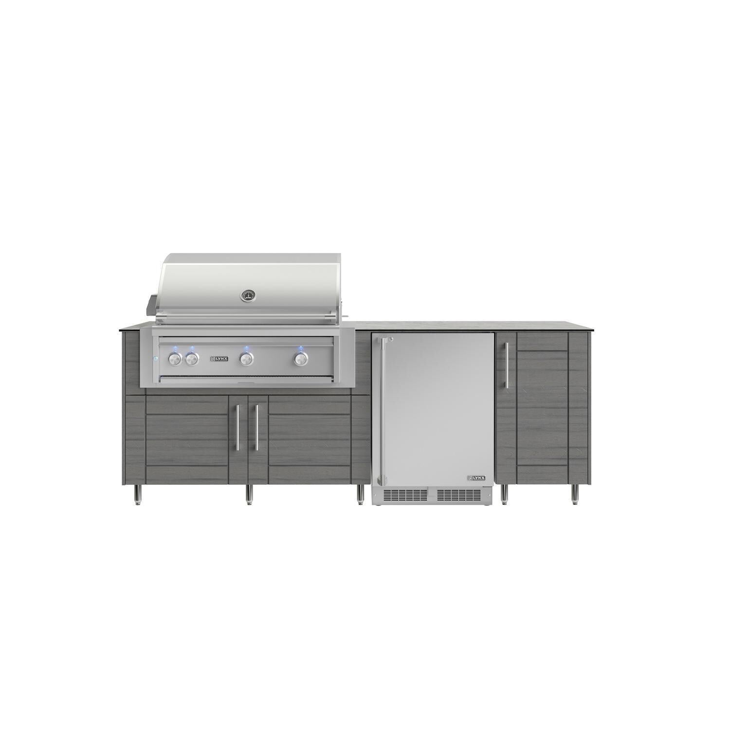 WeatherStrong Bimini 7 1/2 Ft Outdoor Kitchen Island w/ Lynx Propane Grill & Refrigerator in Dark Ash/Glacier Frost - Island - White Background thumbnail