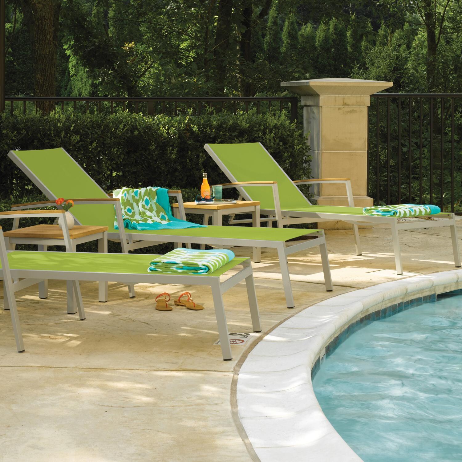 Oxford Garden Travira 2 Pc Composite Sling & Aluminum Chaise Lounge W/ Natural Tekwood Arm Caps in Flint/Go Green - Poolside thumbnail