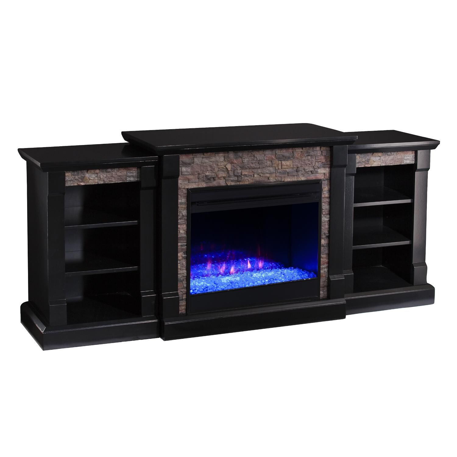 Southern Enterprises FC8525 Gallatin 71-Inch Color Changing Electric Fireplace W/ Bookcases - Satin Black W/ Black River Faux Stone - Angle thumbnail